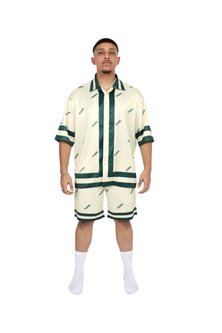 TAIINO SATIN SHIRT AND SHORT SET(CREAM & GREEN)